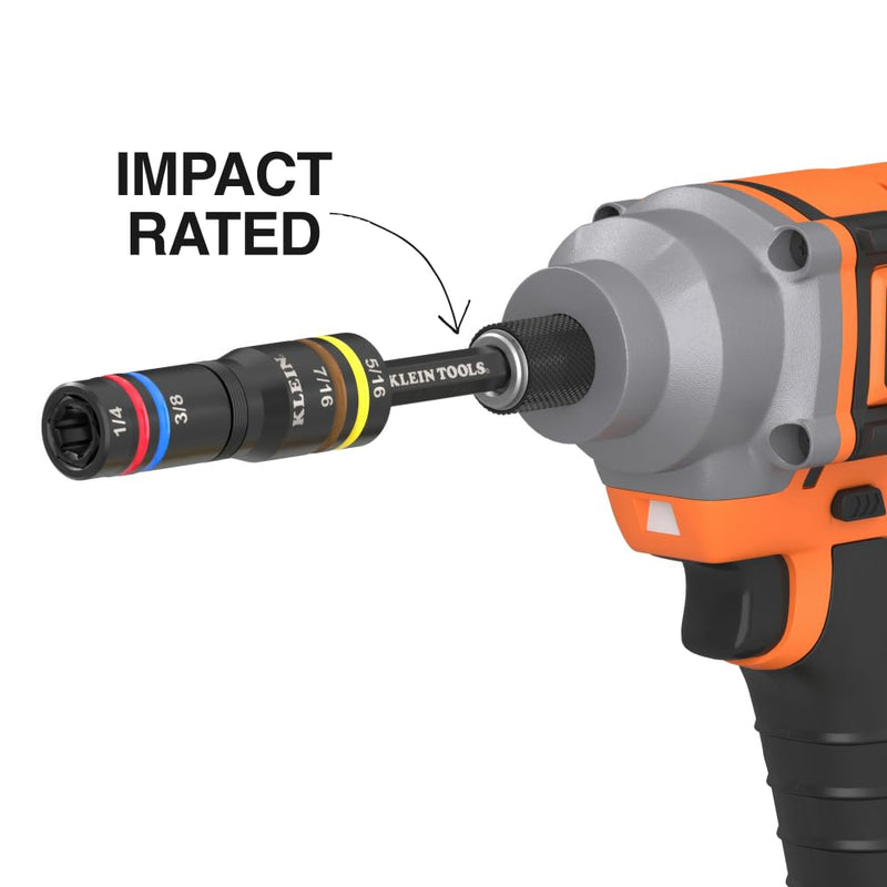 Klein Tools 654QS KNECT Quad Socket, 16 Sizes in 4 Sockets, 4-in-1 Color Coded SAE and Metric Impact Rated, Deep-Well Heavy Duty, 1/4-Inch Drive, 3-1/2 and 6-1/2-Inch Shaft 8 SAE + 8 Metric Sizes
