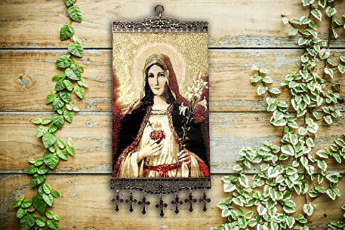 Religious Icon - Holy Saint Mary Blessed Virgin - Sacred Heart - Wall Hanging Tapestry Banner Large Art Decor - Christian Orthodox Catholic Cross - 16 x 8 inch - Ideal Christmas