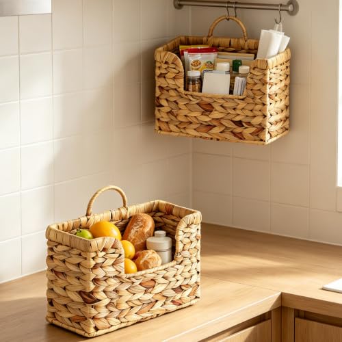 2 Pcs Hanging Magazine Basket, Woven Wall Mail Holder Organizer with Handle Water Hyacinth 2
