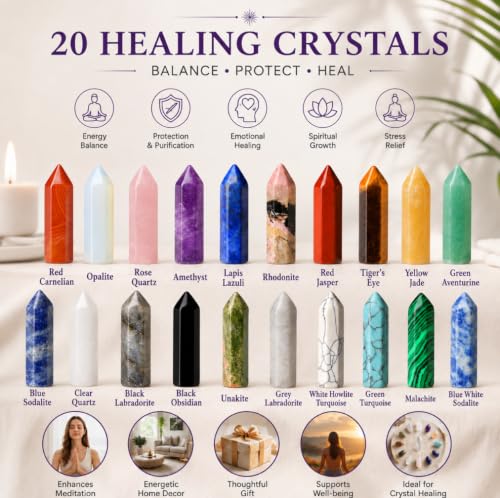 QINJIEJIE 20 PCS Healing Crystals Stones Sets Wands Bulk Pocket Gemstones A-multi-colored - 20pcs