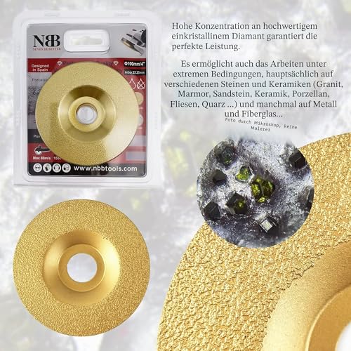 NBB Brazed Diamond Grinding Wheel, Dry or Wet Grinding on Granite, Marble, Ceramic, Tiles, Porcelain, Stone, Masonry with 22.23mm Shank, Connected to Angle Grinder (Medium, 1) Mittel, 100 mm
