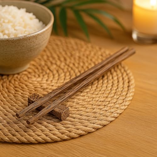 Hawaiian Coconut Wood 10” Long Chopsticks and Holders in Lauhala Sleeves Set of 4