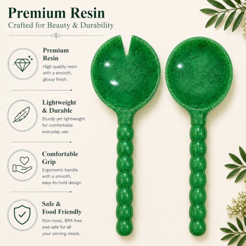 SS CRAFTS INDIA Premium Resin Salad Server Set (2 Pcs, 11.5-Inch) – Elegant Beaded Handle Serving Spoon & Fork, Kitchen Utensils for Salad, Pasta & Fruits, Unique Housewarming & Wedding Gift – Green