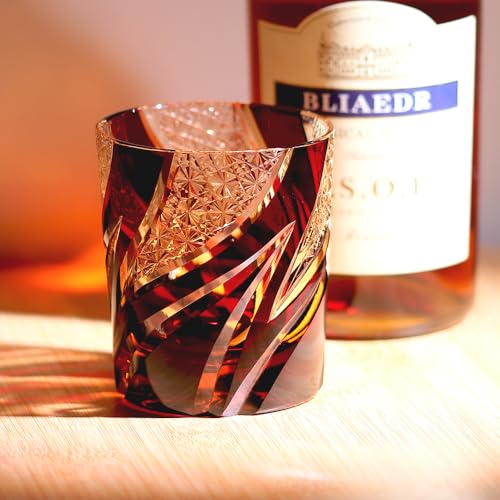 JINZHI Hand-Cut Japanese Edo Kiriko Whisky Glass - Artisanal Colored Crystal Craft Cocktail Glass for Bourbon, Scotch, Old Fashioned - Luxury Barware Gift