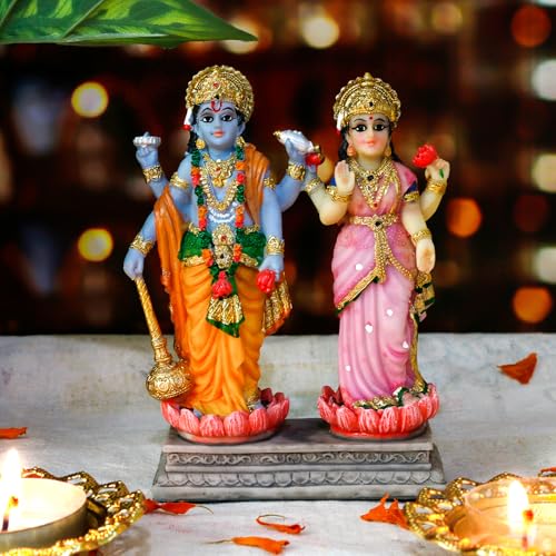 alikiki Vishnu Lakshmi Narayana Statue – 4.7 Inch Lord Vishnu W/Laxmi MATA Indian Diwali Pooja Item Murti Gifts for Indian Couple Friend Family Home Office Mandir Temple Puja Decor