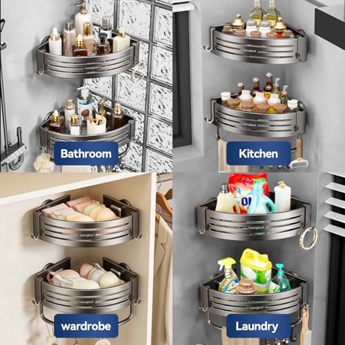 Gray corner shower caddy with suction cup hooks, set of two, triangular design for bathroom organization by LAUNGBORF