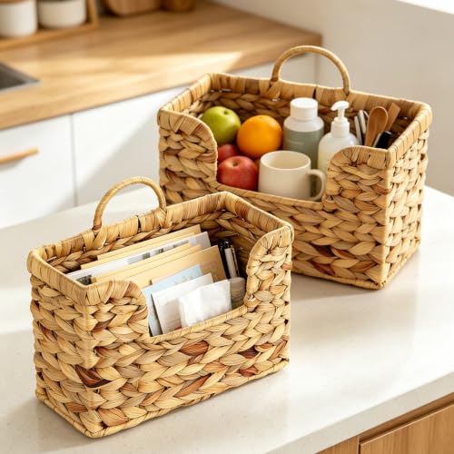 2 Pcs Hanging Magazine Basket, Woven Wall Mail Holder Organizer with Handle Water Hyacinth 2