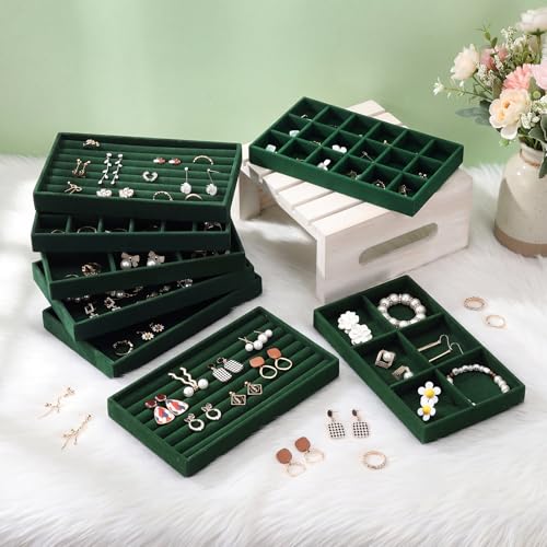 Highergo 8 Pcs Dark Green Velvet Jewelry Trays, 8.3x4.7x1'',Mixed Style Mixed Style