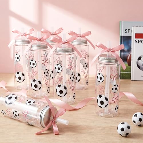 24 Pcs Soccer Plastic Cups with Lids, Straws, and Pink Ribbon, 13.5 oz Pink Bow Sports Theme Party Clear Drinking Cups Reusable Tumblers for Birthday Sports Party Team Gifts