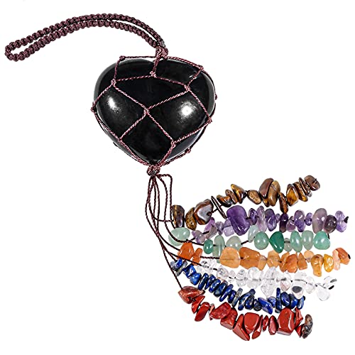 mookaitedecor Obsidian Heart Hanging Ornament with Tumbled Stone Tassels Black