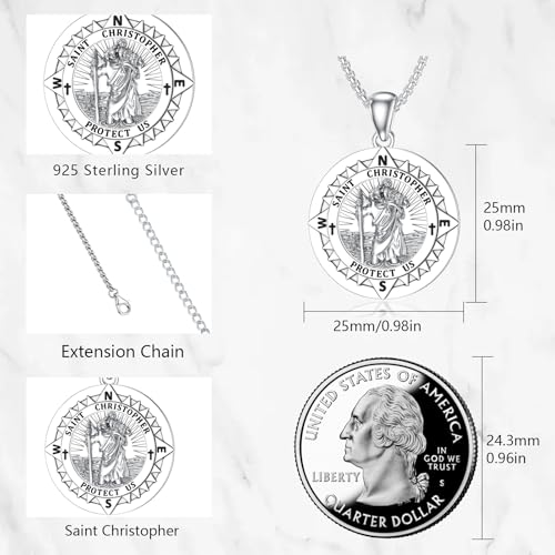 St Christopher Necklace for Men, St Christopher/Jesus Necklace 925 Sterling Silver Antiqued Religious Pendant Men Necklaces Talisman Jewellery Christening Graduation Gifts 03-St Christopher