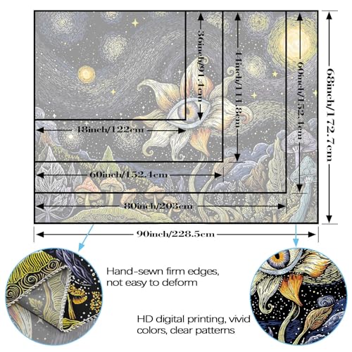 Yeoiat Tapestry Cosmic Flower Tapestries Mushroom Landscape Wall Hanging Starry Night Visionary Botanical Art Decor Bedroom Dormitory 90"x70" 90"L x 70"W Blue Mushroom