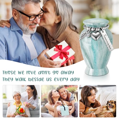 SOITIS Small Urns for Human Ashes Keepsake, 2.83 Inches Urn for Women Men, Aluminum Cremation Urns for Human Ashes-Lake Green with Heart Urn
