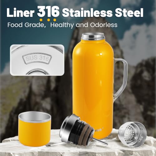 40 oz Insulated Water Bottle, Green Vacuum Stainless Steel Water Flask Jug with Handle & Metal Mechanical Temperature Measuring Cup Lid, Leakproof Travel Bottle Keep Cold 36h Hot 24h(Yellow) Yellow