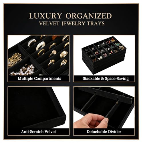 8 Pcs Jewelry Drawer Organizers, Velvet Jewelry Trays for Drawer, Stackable Jewelry Trays, Ideal for Rings, Earrings, Bracelets, Necklaces, Black