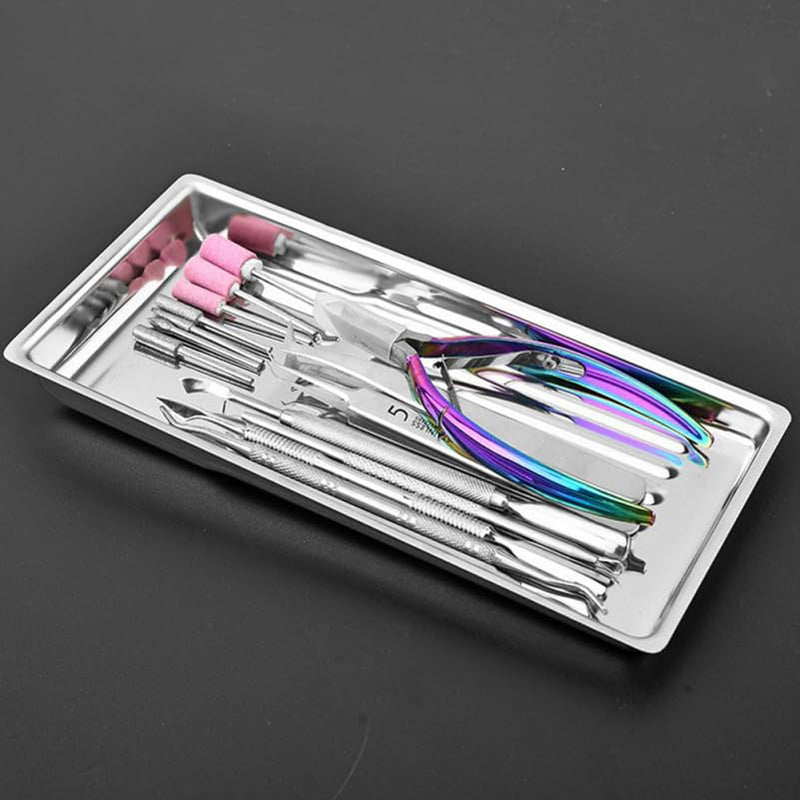 OUNONA Disinfectant Tray Stainless Steel 19.8 x 9.3 Inch Metal Tray for Manicure and Beauty Salon Tools Sterilisation Organiser