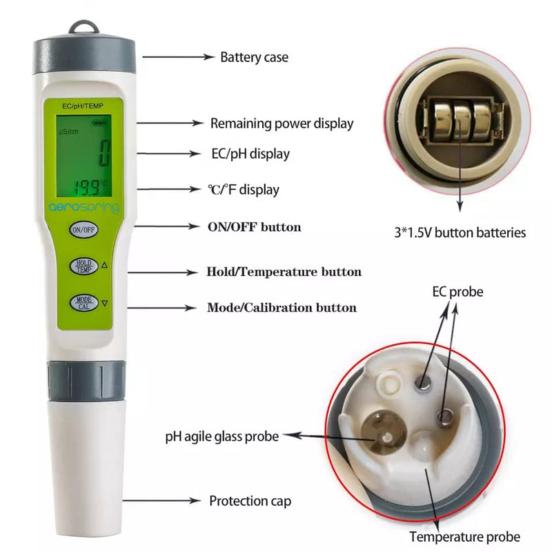[Australia - AusPower] - 3-in-1 Waterproof Multifunction Digital Meter, Measures Electrical Conductivity (EC), pH and Temperature Functions Specially Designed for Hydroponic Systems 