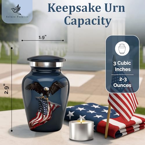 Solace Forever Small Urns for Human Ashes - Patriotic Eagle with US Flag Design - Mini Urn Keepsake Memorial for Men and Women - Handcrafted Remembrance Urn for Ashes (Black, Set of 1) Black