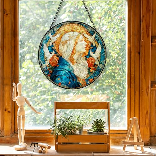 Christian Virgin Mary Suncatcher Garden Stained Glass Window Hanging, Our Lady of Grace Sun Catchers Indoor Window Glass Round Wall Decor, Religious Wall Art Hanging Decorations, ＂7.8x7.8＂