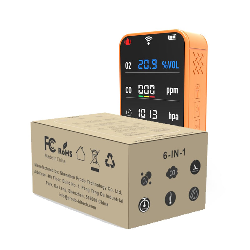 [Australia - AusPower] - 7-in-1 Portable Oxygen Monitor, Environmental O2 Monitor with Air Pressure, Temperature, Humidity, Stopwatch Rechargeable 3000mAh Battery, SD Card Data Logging Device for Hiking, Camping & Outdoor Use Orange 