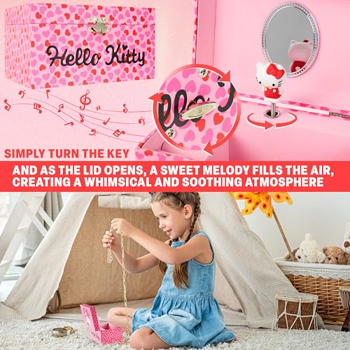 Hello Kitty Sanrio Musical Jewelry Box for Girls Teens Women Kawaii Wind Up Music Box Jewelry Organizer Ring Holder Gifts for Women (Pink