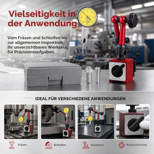Lever Dial Gauge with Magnetic Holder 0-0.8 mm, Precision Dial Gauge 0.01 mm Accuracy | Robust lever test indicator in red, flexible magnetic stand for lathe & milling machine, shockproof testing device for workshop