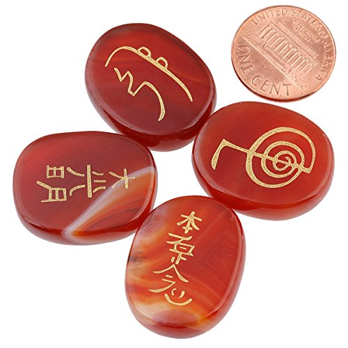 mookaitedecor 4 Piece Carnelian Stones Engraved Chakra Symbols Carnelian with Chakra Symbol