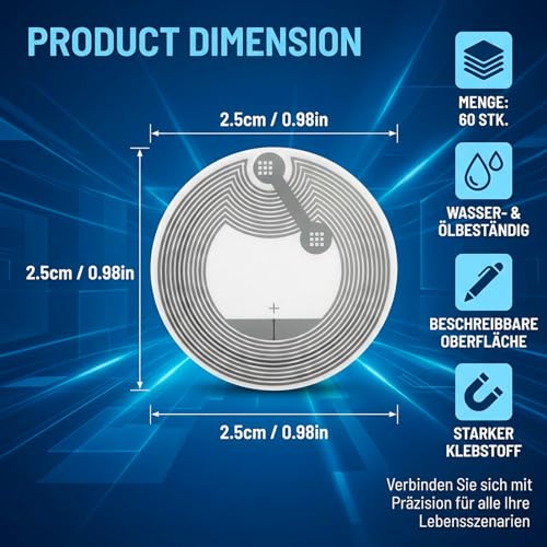 NFC Tag Stickers, Pack of 60, NTAG213 Chips Programmable NFC Stickers, for Smart Home Automation and Office Efficiency, 25 mm NFC Cards with Rewritable Function