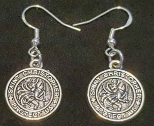 Royal Swan Antique Silver SAINT CHRISTOPHER PROTECT US Medal Earrings on Sterling Silver Hooks in a Velvet Gift Bag. Traveller Travel Protection Jewelry