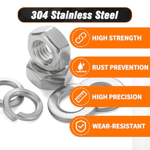 KunTensile SAE hex nuts, spring washers and flat washers assortment kit, steel gray, #8 to 1/2 inch, 228 pieces