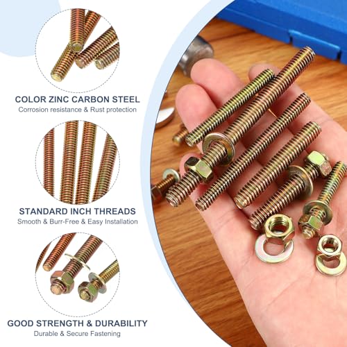 PATIKIL 5/16" x 4" Color Zinc Fully All Thread Rod, 12 Pcs Carbon Steel Long Threaded Screw Stud Bolts for Furniture Garden Mounting Assembly Fastening 5/16" x 4"