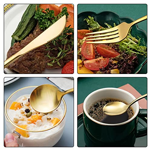 Zalaxt 24-piece gold stainless steel flatware set with knives, forks, and spoons for six, ideal for home dinnerware and table setting.