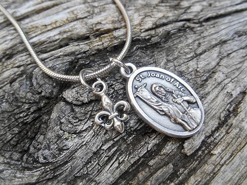 Saint Joan of Arc Necklace, 18" Stainless Steel Snake Chain, Fleur de Lis Charm, Patron Saint of France, Confirmation Gift