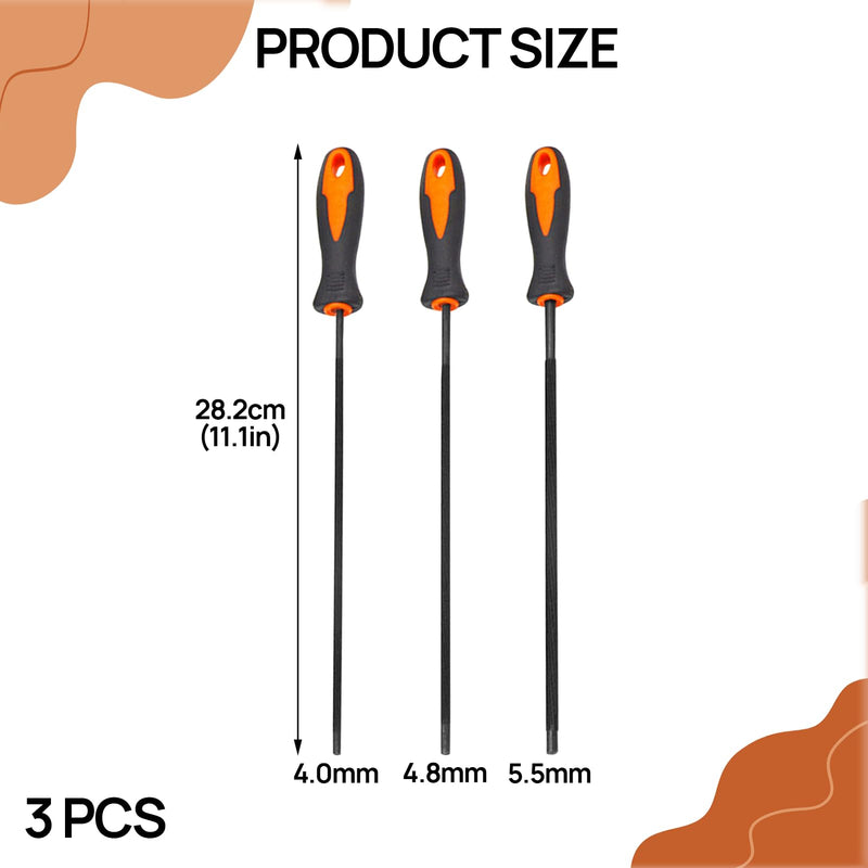 [Australia - AusPower] - Pack of 3 File for Chainsaw, Horse Round File 4 mm with Handle, Chainsaw Files, Available in 3 Sizes of 4.0 mm, 4.8 mm, 5.5 mm, Horse File Suitable for Chainsaw Sharpening 