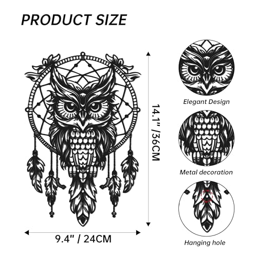 Matte Black Owl Dreamcatcher Metal Wall Art, Indian Boho Spiritual Decor