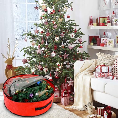 Pwsap 2 Pack Christmas Wreath Storage Container - 36 Inch, Garland Storage, Christmas Large Wreath Storage Container Cover, Durable Tarp Material, Dual Zipper Storage Bag for Xmas Holiday, Red 36inch