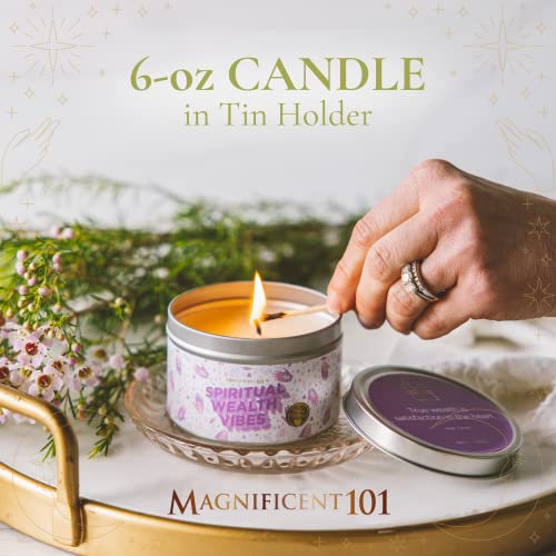 Magnificent 101 Spiritual Wealth Vibes 6-oz. Candle in Tin Holder; 100% Natural Soy Wax with Sage & Clove Essential Oils for Aromatherapy, Energy Cleansing, Meditation & Intention Setting; Great Gift Sage, Clove