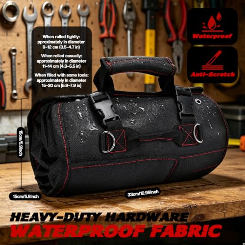 LIBKUR black tool roll bag with 13 pockets and clear pouches rolled open with tool storage compartments visible