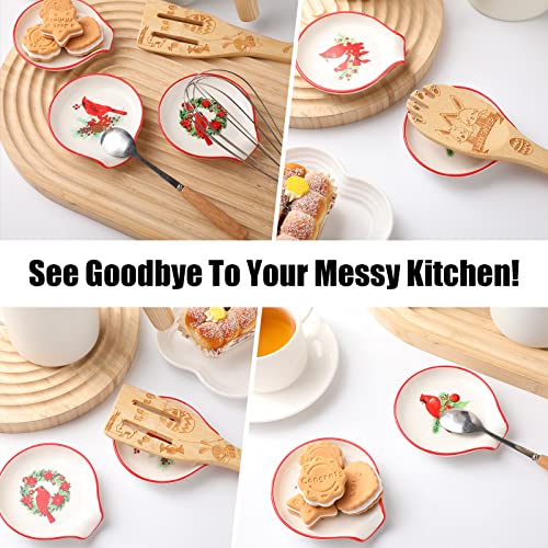 Willbond 4-piece ceramic Christmas cardinal spoon rests featuring winter bird designs, ideal for kitchen or dining decor.