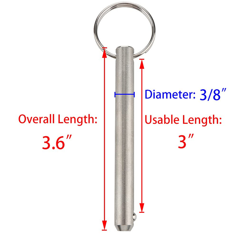 [Australia - AusPower] - 2 Pack Long Quick Release Pin, Diameter 3/8"(9.5mm), Usable Length 3"(76mm), Overall Length 3.6"(92mm), Full 316 Stainless Steel, Bimini Top Pin, Marine Hardware 
