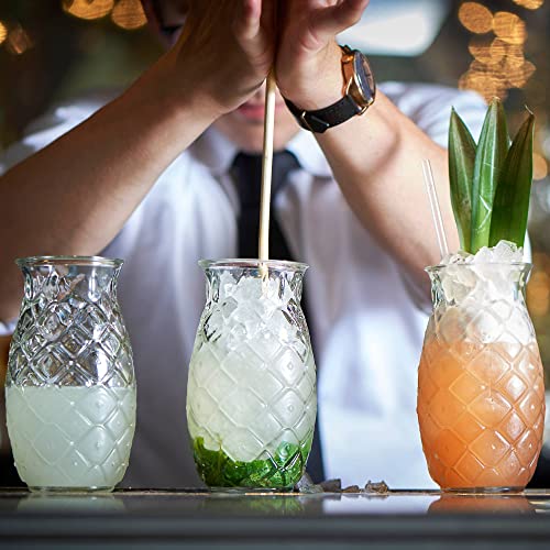 Tiki Drink Glasses 17 Ounces Pineapple Glasses for Cocktails, 4 Pieces, Clear, Tropical Style Novelty Glasses, Hawaii Bar Style, Modern Bar Party Set With Picks (Pineapple 17 oz)