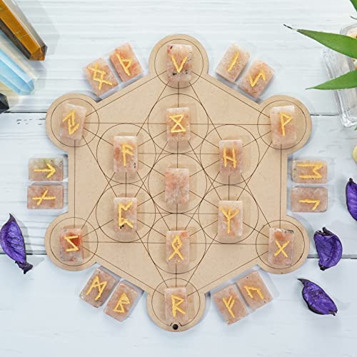 Crocon Sunstone Rune Stones Set 25 pcs Rectangle Shape with Elder Futhark #02 Sunstone Rune