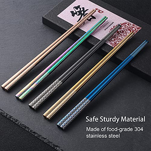 Metal Chopsticks Reusable Multicolor Stainless Steel Chopsticks Dishwasher Safe Chop Sticks Laser Engraved Copper Coin Pattern Square Non-slip, 9 1/4 Inches 5 Pairs Gift Set