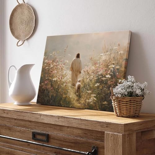 Jesus Leaves the 99 Sheep Wall Art The Lost Sheep Bible Stories Painting picture Wall Decor religion Christian Wildflowers Poster Print Artwork for Church LDS bedroom Living Home Decor 8x10 in Canvas Jesus05 8"L x 10"W