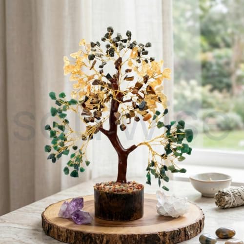 SOULWISE Dhanyog Crystal Tree Money Magnet for Wealth & Prosperity – Natural Citrine, Pyrite, Tiger Eye, Green Jade & Aventurine Gemstone Tree – Vastu & Feng Shui Bonsai Decor for Home & Office