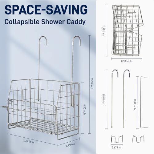 SUTINE Hanging Shower Organizer, Shower Caddy Hanging, Bathroom Storage Rack with Hooks Over the Door, Stainless Steel Rustproof Bathroom Basket Shelf for Bath Faucet or Cross Bar