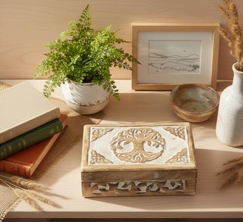 Handmade Wooden Jewelry & Keepsake Box, Decorative Storage Box, 8 x 5 Inch White Wash Finish