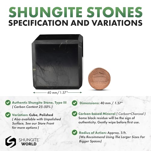 Shungite World Authentic Shungite Cube Polished 40 mm / 1.57" Chakra Energy Natural Healing Crystal Real Black Cube Home Office Protection Desk Decor Meditation Reiki Grounding Stone 40 mm / 1.57"