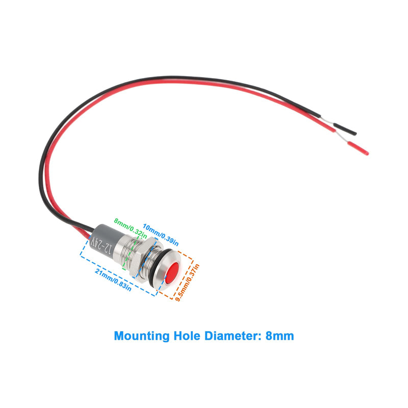 [Australia - AusPower] - eMagTech 2 x AC/DC 12V-24V 8 mm Panel Mount LED Signal Display Metal Shell Warning Lamps Red 