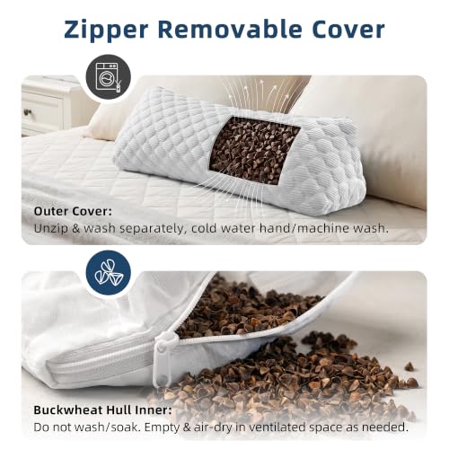 Buckwheat Cervical Pillow, Adjustable Neck Support Pillow for Sleeping, Organic Buckwheat Hull Pillow, Firm Breathable Neck Roll Pillow with Removable Cover for Back and Side Sleepers Grey